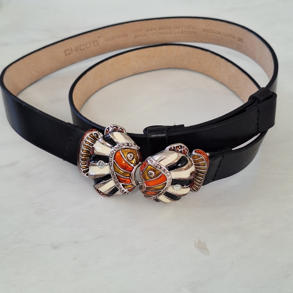 Chicos Black Belt w/ Whimsical Fish Buckle Statement Fashion Belt M/L - Picture 1 of 6